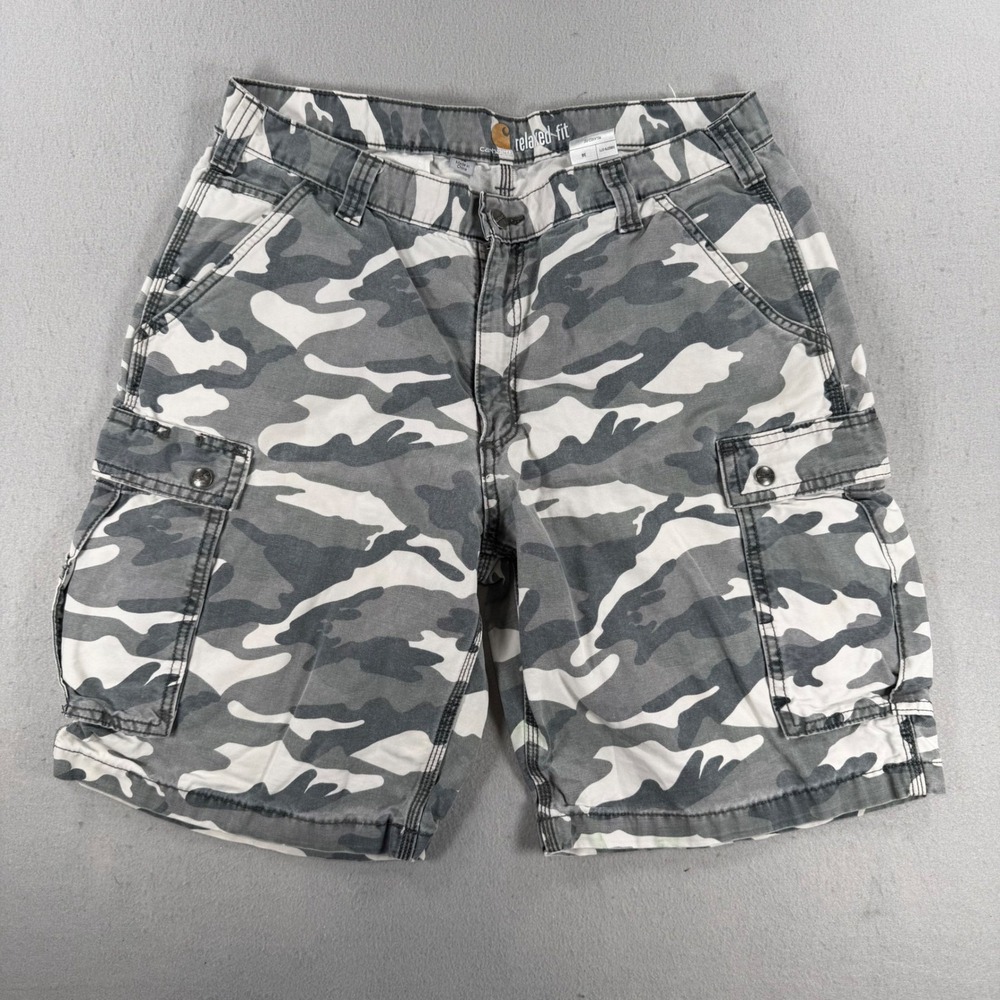 Carhartt Mens Relaxed Fit Camo Cargo Shorts Gray White Size 38